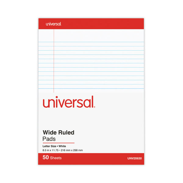Universal® Perforated Ruled Writing Pads, Wide/Legal Rule, Red Headband, 50 White 8.5 x 11.75 Sheets, Dozen (UNV20630)