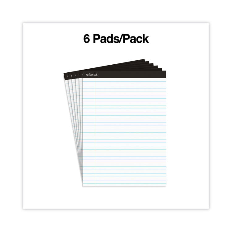 Universal® Premium Ruled Writing Pads with Heavy-Duty Back, Wide/Legal Rule, Black Headband, 50 White 8.5 x 11 Sheets, 6/Pack (UNV30630)