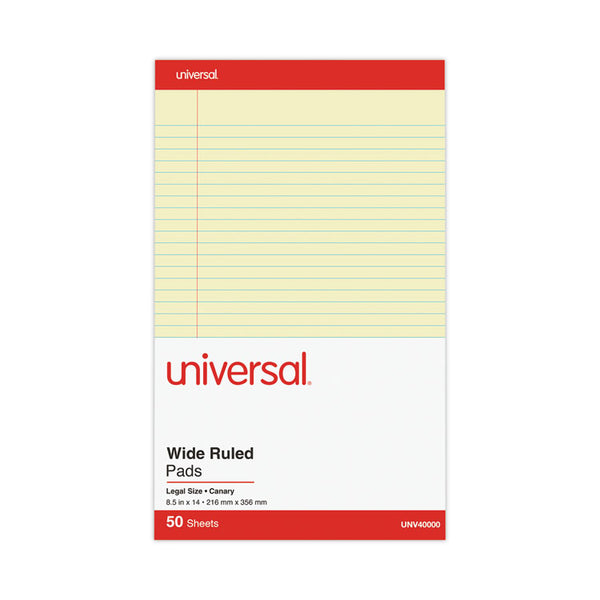 Universal® Perforated Ruled Writing Pads, Wide/Legal Rule, Red Headband, 50 Canary-Yellow 8.5 x 14 Sheets, Dozen (UNV40000)