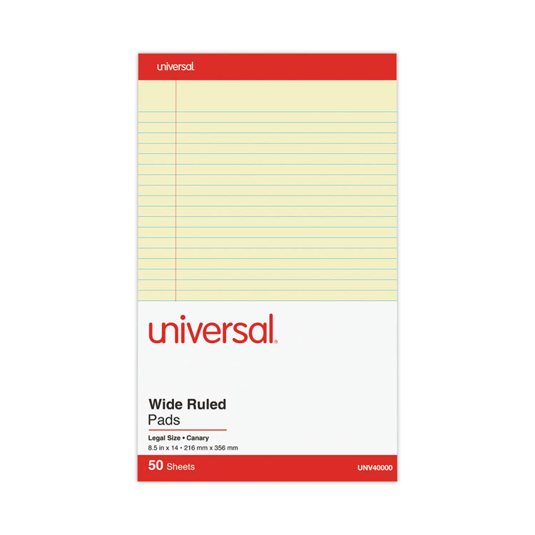 Universal® Perforated Ruled Writing Pads, Wide/Legal Rule, Red Headband, 50 Canary-Yellow 8.5 x 14 Sheets, Dozen (UNV40000)