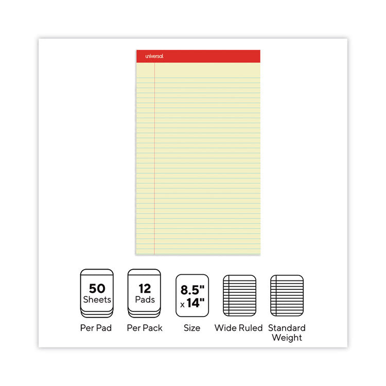 Universal® Perforated Ruled Writing Pads, Wide/Legal Rule, Red Headband, 50 Canary-Yellow 8.5 x 14 Sheets, Dozen (UNV40000)