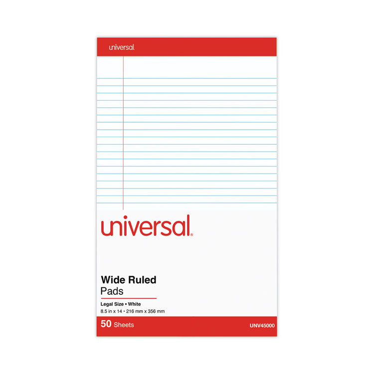 Universal® Perforated Ruled Writing Pads, Wide/Legal Rule, Red Headband, 50 White 8.5 x 14 Sheets, Dozen (UNV45000)