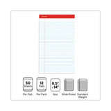 Universal® Perforated Ruled Writing Pads, Wide/Legal Rule, Red Headband, 50 White 8.5 x 14 Sheets, Dozen (UNV45000)