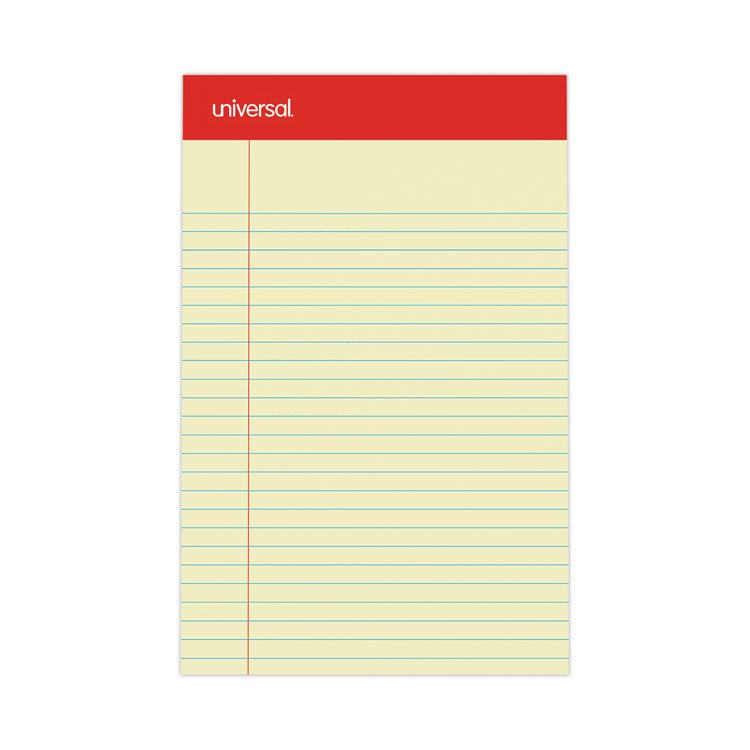 Universal® Perforated Ruled Writing Pads, Narrow Rule, Red Headband, 50 Canary-Yellow 5 x 8 Sheets, Dozen (UNV46200)