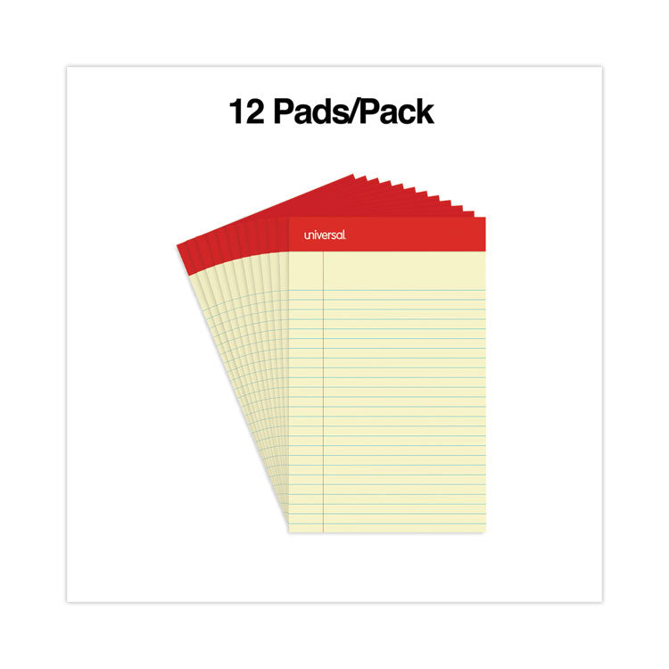 Universal® Perforated Ruled Writing Pads, Narrow Rule, Red Headband, 50 Canary-Yellow 5 x 8 Sheets, Dozen (UNV46200)