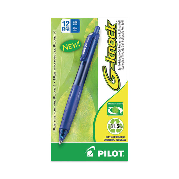 Pilot® G-Knock BeGreen Gel Pen, Retractable, Fine 0.7 mm, Blue Ink, Translucent Blue/Blue Barrel, Dozen (PIL31507)