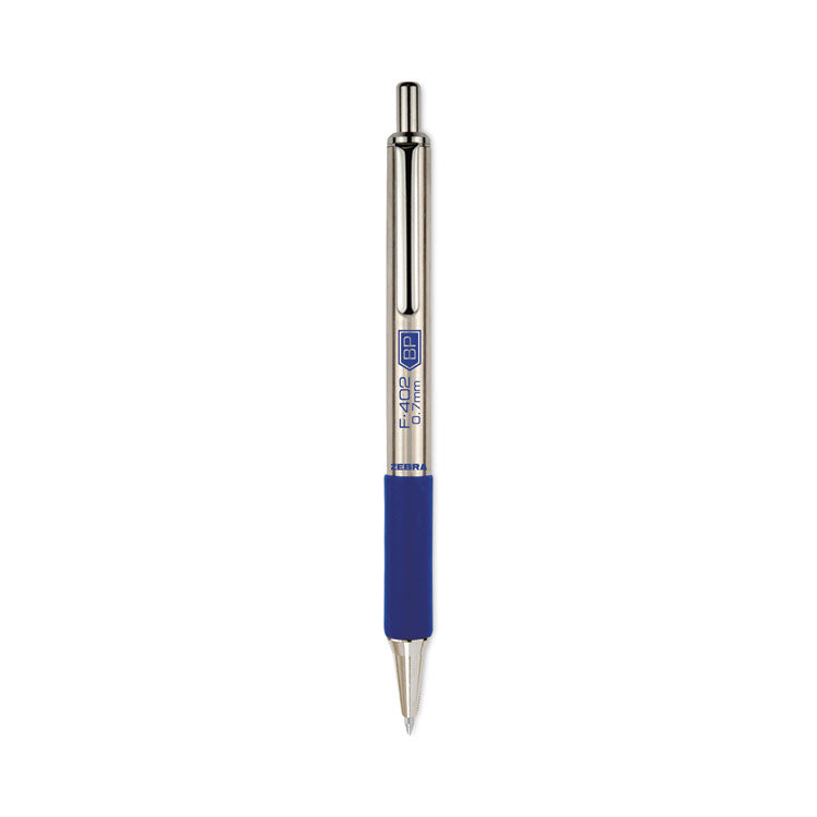 Zebra F-402 Retractable Ballpoint Pen, 0.7mm, Blue Ink, Stainless Steel/Blue Barrel, 2/Pack (ZEB29222) Pack of 2