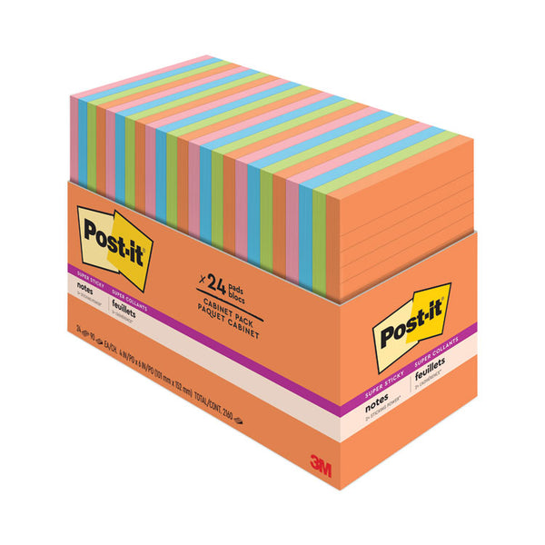 Post-it® Notes Super Sticky Pads in Energy Boost Collection Colors, Note Ruled, 4" x 6", 45 Sheets/Pad, 24 Pads/Pack (MMM66024SSAUCP) Pack of 24