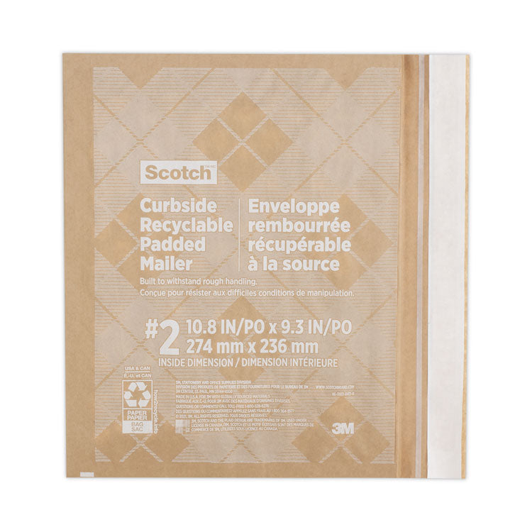 Scotch™ Curbside Recyclable Padded Mailer, #2, Bubble Cushion, Self-Adhesive Closure, 11.25 x 12, Natural Kraft, 100/Carton (MMMCR21)