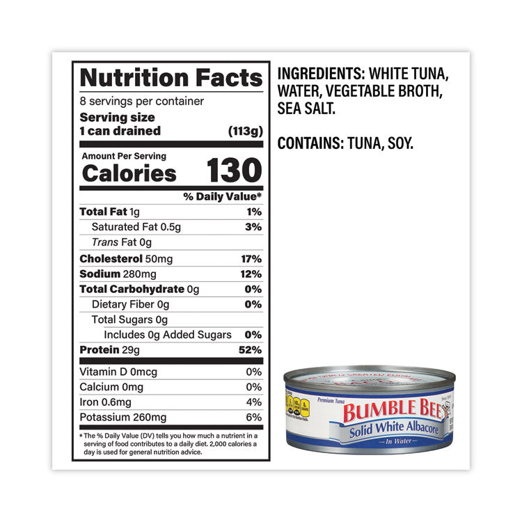 Bumble Bee® Solid White Albacore Tuna in Water, 5 oz Can, 8/Pack, Ships in 1-3 Business Days (GRR22000701) Each