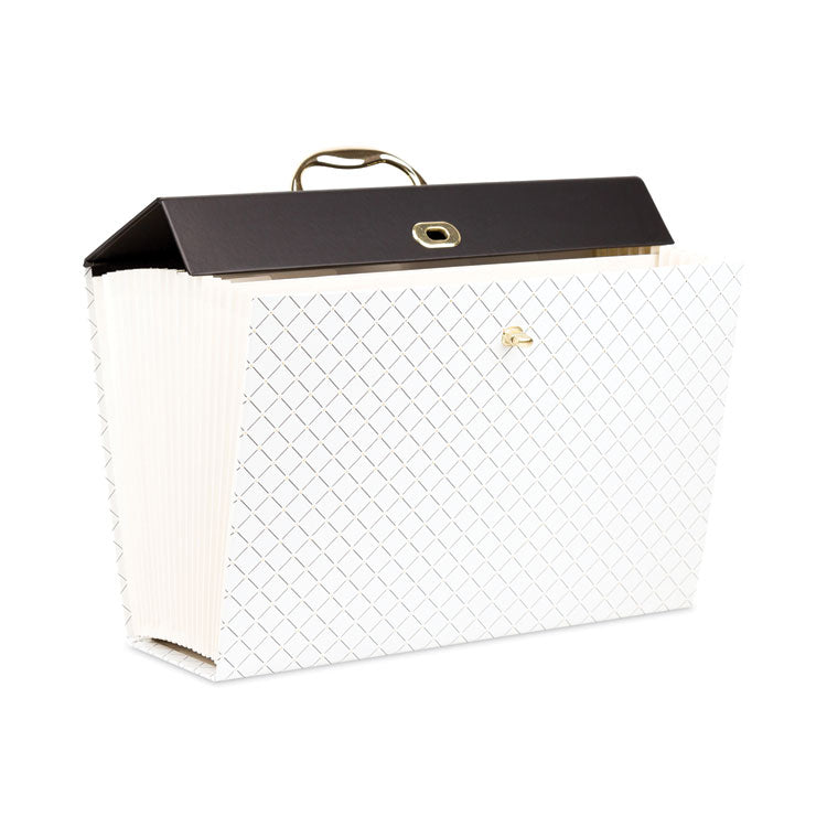 U Brands Expanding File Box, 5.25" Expansion, 19 Sections, Twist-Lock Latch Closure, 2/5-Cut Tabs, Letter Size, White/Black/Gold (UBR2201U0206) Each