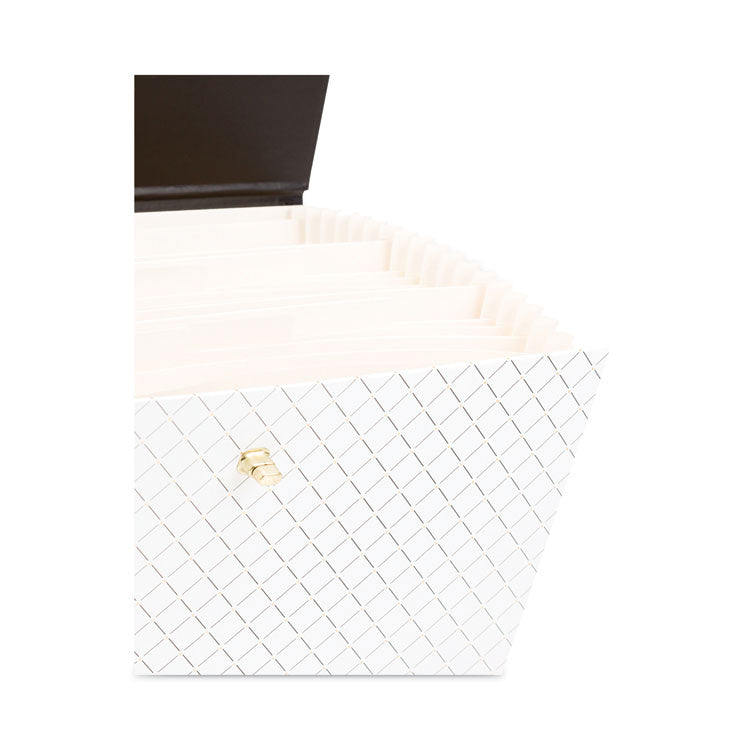 U Brands Expanding File Box, 5.25" Expansion, 19 Sections, Twist-Lock Latch Closure, 2/5-Cut Tabs, Letter Size, White/Black/Gold (UBR2201U0206) Each
