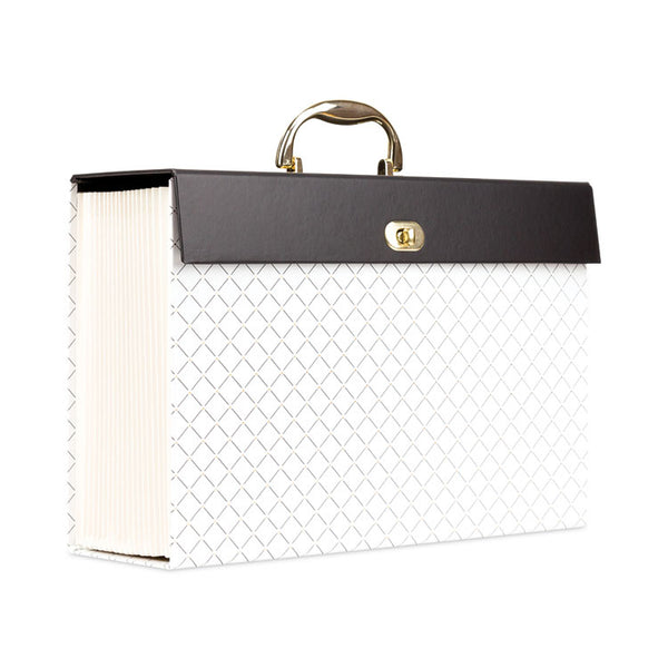 U Brands Expanding File Box, 5.25" Expansion, 19 Sections, Twist-Lock Latch Closure, 2/5-Cut Tabs, Letter Size, White/Black/Gold (UBR2201U0206) Each