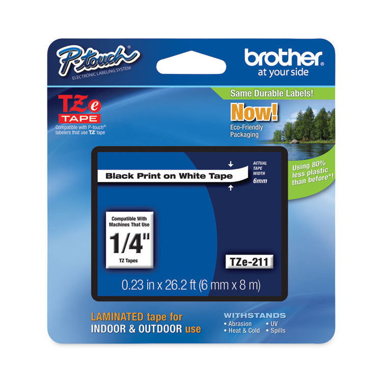 Brother P-Touch® TZe Standard Adhesive Laminated Labeling Tape, 0.23" x 26.2 ft, Black on White (BRTTZE211) Each