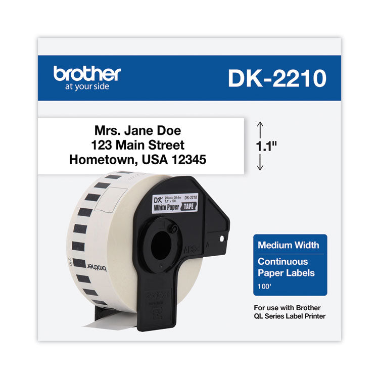 Brother Continuous Paper Label Tape, 1.1" x 100 ft Roll, White (BRTDK2210) 1 Roll
