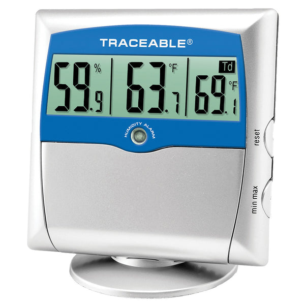 Traceable® Digital Thermometer / Hygrometer with Alarm Fahrenheit / Celsius 14° to 140°F (-10° to +60°C) Solid State Sensors Free-standing / Wall Mount Battery Operated (909455_EA) 1/EA