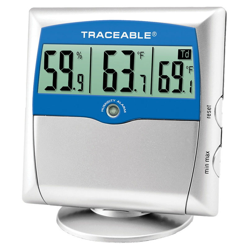 Traceable® Digital Thermometer / Hygrometer with Alarm Fahrenheit / Celsius 14° to 140°F (-10° to +60°C) Solid State Sensors Free-standing / Wall Mount Battery Operated (909455_EA) 1/EA