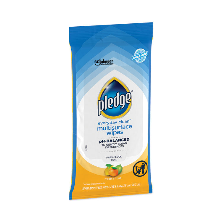 Pledge® Multi-Surface Cleaner Wet Wipes, Cloth, 7 x 10, Fresh Citrus, White, 25 Wipes (SJN336274EA)