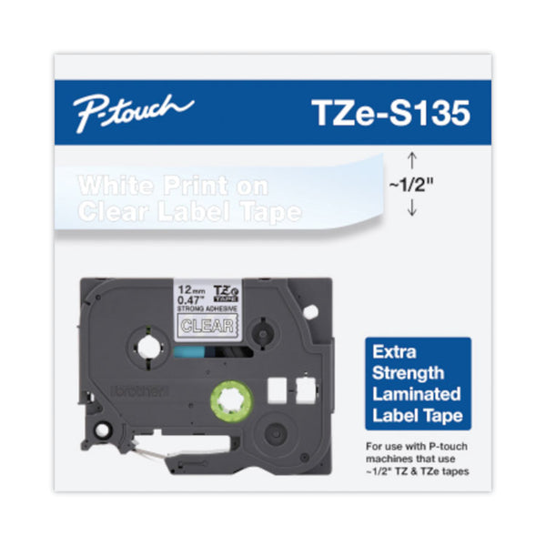 Brother P-Touch® TZ Extra-Strength Adhesive Laminated Labeling Tape, 0.47" x 26.2 ft, White on Clear (BRTTZES135)