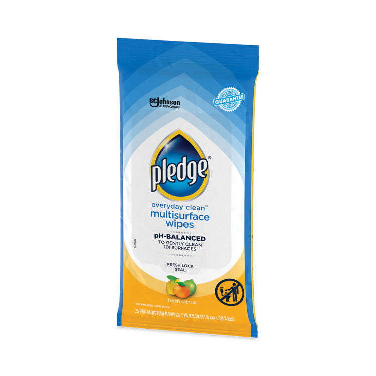 Pledge® Multi-Surface Cleaner Wet Wipes, Cloth, 7 x 10, Fresh Citrus, White, 25/Pack, 12 Packs/Carton (SJN336274)