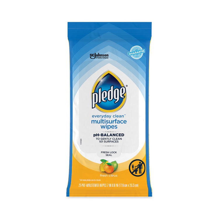 Pledge® Multi-Surface Cleaner Wet Wipes, Cloth, 7 x 10, Fresh Citrus, White, 25/Pack, 12 Packs/Carton (SJN336274)