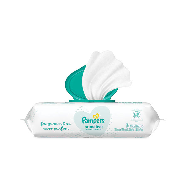 Pampers® Sensitive Baby Wipes, 1-Ply, 6.8 x 7, Unscented, White, 56/Pack, 8 Packs/Carton (PGC87076)