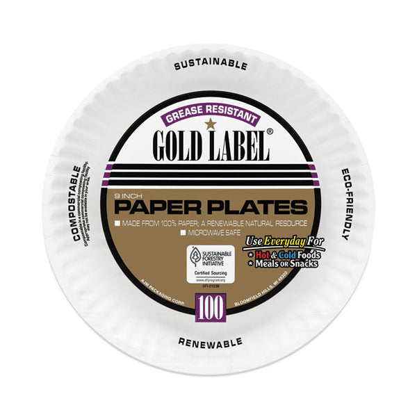 AJM Packaging Corporation Coated Paper Plates, 9" dia, White, 100/Pack, 12 Packs/Carton (AJMCP9GOAWH)