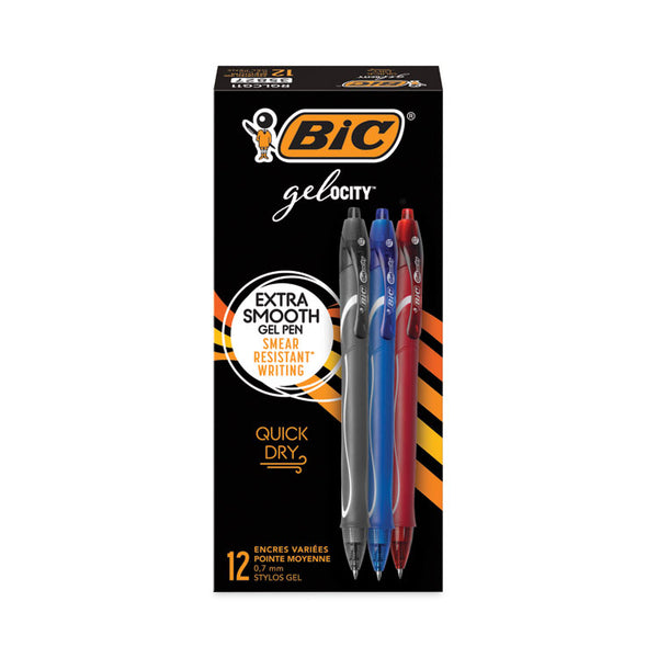 BIC® Gel-ocity Quick Dry Gel Pen, Retractable, Fine 0.7 mm, Three Assorted Ink and Barrel Colors, Dozen (BICRGLCG11AST)