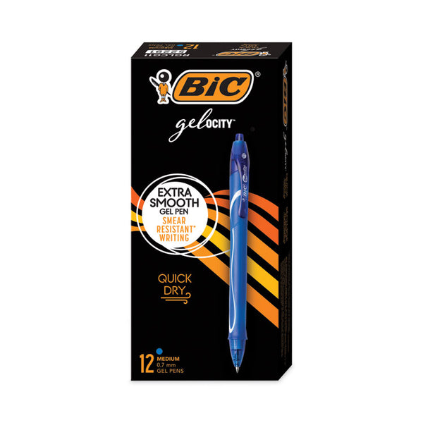 BIC® Gel-ocity Quick Dry Gel Pen, Retractable, Medium 0.7 mm, Blue Ink, Blue Barrel, Dozen (BICRGLCG11BE)