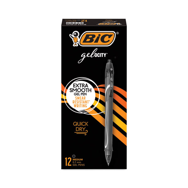 BIC® Gel-ocity Quick Dry Gel Pen, Retractable, Medium 0.7 mm, Black Ink, Black Barrel, Dozen (BICRGLCG11BK)