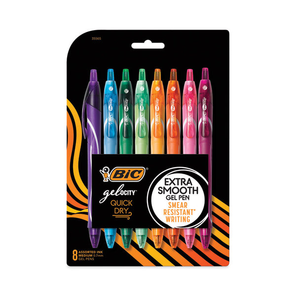 BIC® Gel-ocity Quick Dry Gel Pen, Retractable, Medium 0.7 mm, Assorted Ink and Barrel Colors, 8/Pack (BICRGLCGAP81AST)