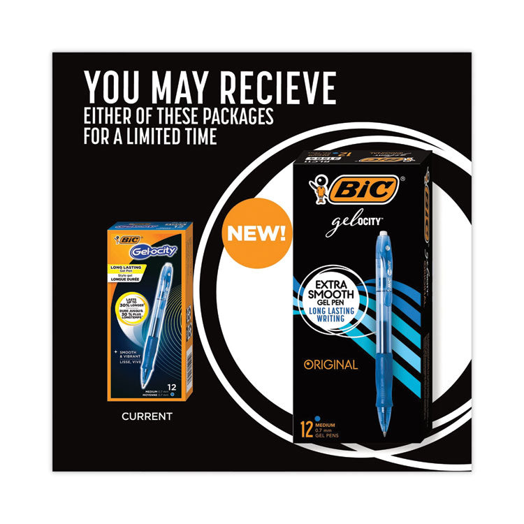 BIC® Gel-ocity Gel Pen, Retractable, Medium 0.7 mm, Blue Ink, Translucent Blue Barrel, Dozen (BICRLC11BE)