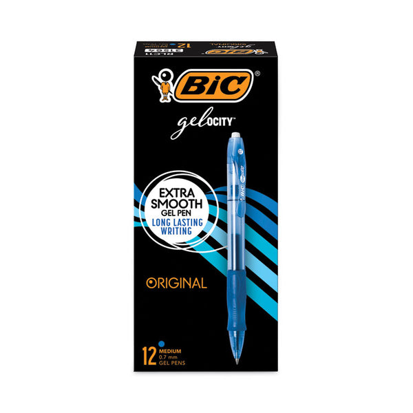 BIC® Gel-ocity Gel Pen, Retractable, Medium 0.7 mm, Blue Ink, Translucent Blue Barrel, Dozen (BICRLC11BE)