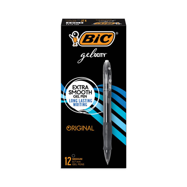 BIC® Gel-ocity Gel Pen, Retractable, Medium 0.7 mm, Black Ink, Translucent Black Barrel, Dozen (BICRLC11BK)