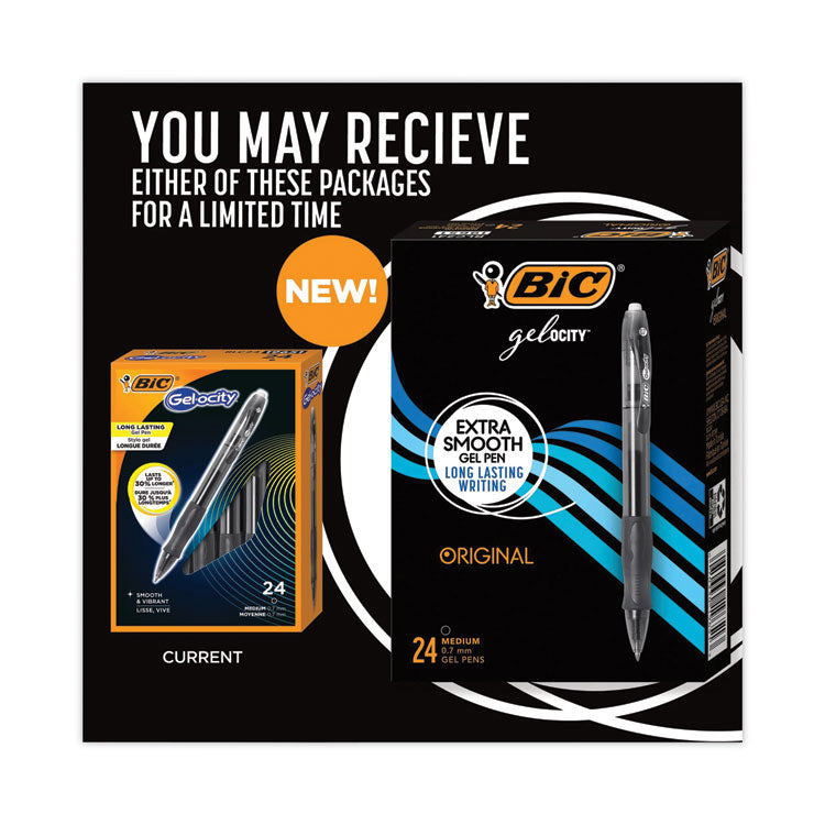 BIC® Gel-ocity Gel Pen Value Pack, Retractable, Medium 0.7 mm, Black Ink, Clear/Black Barrel, 24/Pack (BICRLC241BK)