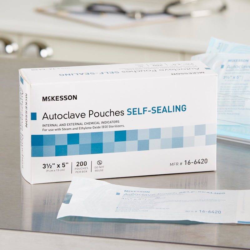 McKesson Sterilization Pouch Ethylene Oxide (EO) Gas / Steam 3-1/2 X 5 Inch Transparent Blue / White Self Seal Paper / Film (960942_BX) 200/BX
