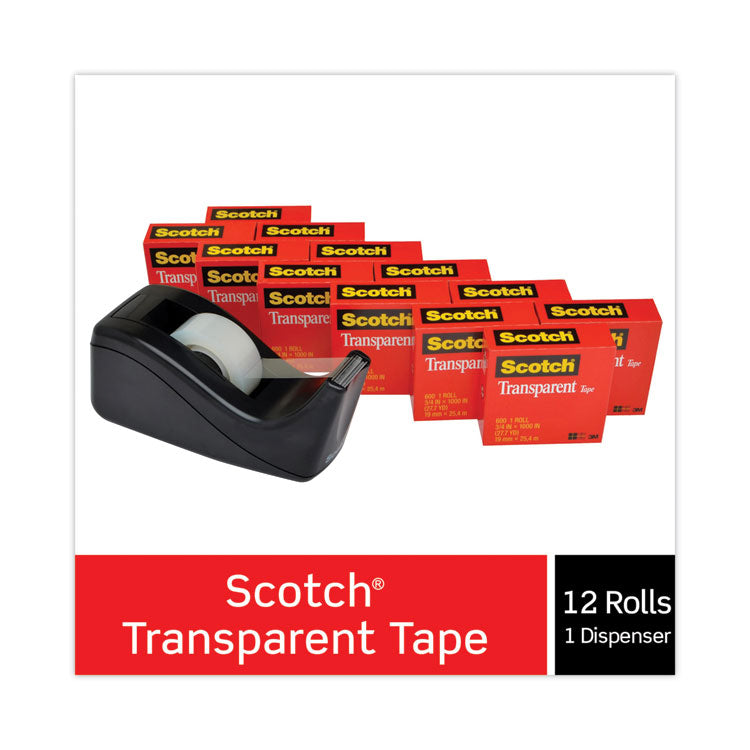 Scotch® Transparent Tape Value Pack with Black Dispenser, 1" Core, 0.75" x 83.33 ft, Transparent (MMM600KC60)
