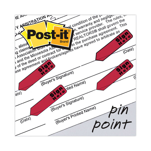 Post-it® Flags Arrow Message 0.5" Page Flags in Dispenser, "Sign Here", Red, 20 Flags Dispenser, 4 Dispensers/Pack (MMM684RDSH)