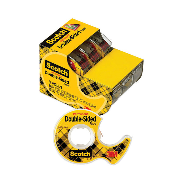 Scotch® Double-Sided Permanent Tape in Handheld Dispenser, 1" Core, 0.5" x 20.83 ft, Clear, 3/Pack (MMM3136)