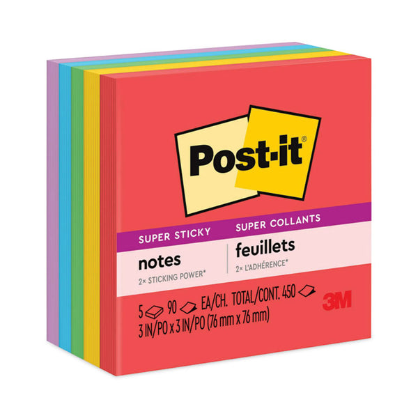 Post-it® Notes Super Sticky Pads in Playful Primary Collection Colors, 3" x 3", 90 Sheets/Pad, 5 Pads/Pack (MMM6545SSAN) Pack of 5