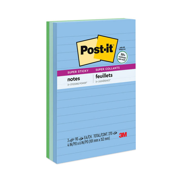 Post-it® Notes Super Sticky Recycled Notes in Oasis Collection Colors, Note Ruled, 4 x 6, 90 Sheets/Pad, 3 Pads/Pack (MMM6603SST)