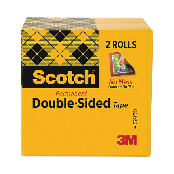 Scotch® Double-Sided Tape, 3" Core, 0.5" x 36 yds, Clear, 2/Pack (MMM6652P1236)