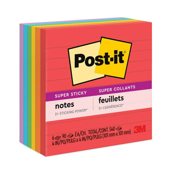 Post-it® Notes Super Sticky Pads in Playful Primary Collection Colors, Note Ruled, 4" x 4", 90 Sheets/Pad, 6 Pads/Pack (MMM6756SSAN) Pack of 6