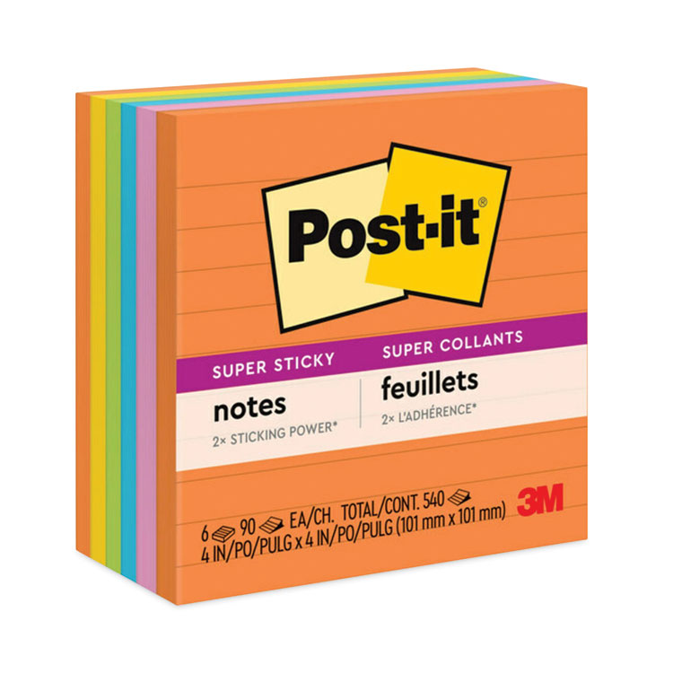 Post-it® Notes Super Sticky Pads in Energy Boost Collection Colors, Note Ruled, 4" x 4", 90 Sheets/Pad, 6 Pads/Pack (MMM6756SSUC) Pack of 6