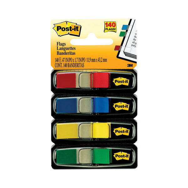Post-it® Flags Small Page Flags in Dispensers, 0.5 x 1.75, Assorted Primary, 35/Color, 4 Dispensers/Pack (MMM6834)