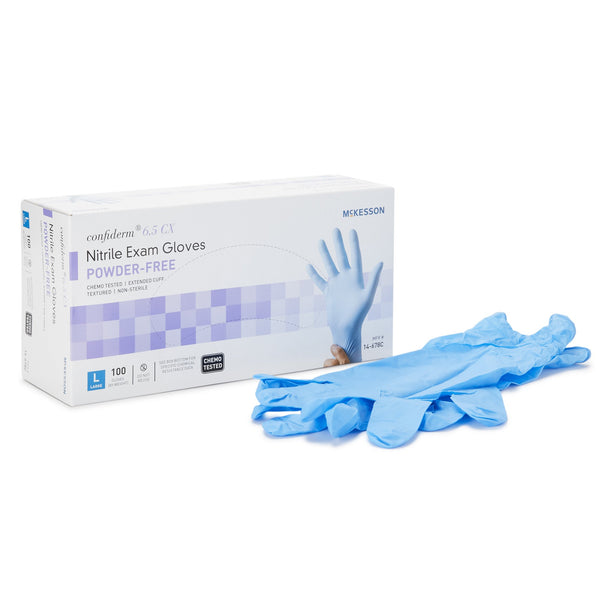 McKesson Confiderm® 6.5CX Exam Glove Large NonSterile Nitrile Extended Cuff Length Textured Fingertips Blue Chemo Tested (921608_CS) 1000/CS