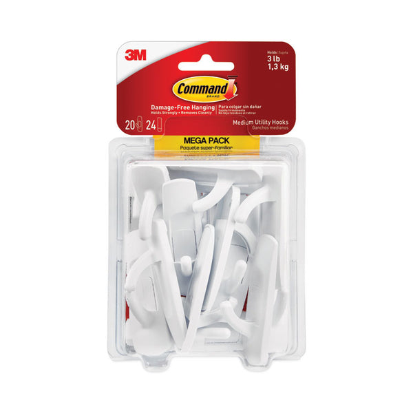 Command™ General Purpose Hooks, Medium, Plastic, White, 3 lb Capacity, 20 Hooks and 24 Strips/Pack (MMM17001MPES)
