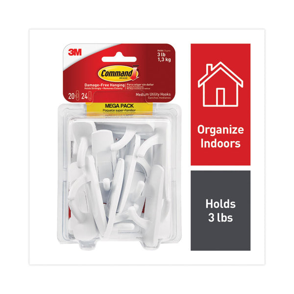 Command™ General Purpose Hooks, Medium, Plastic, White, 3 lb Capacity, 20 Hooks and 24 Strips/Pack (MMM17001MPES)
