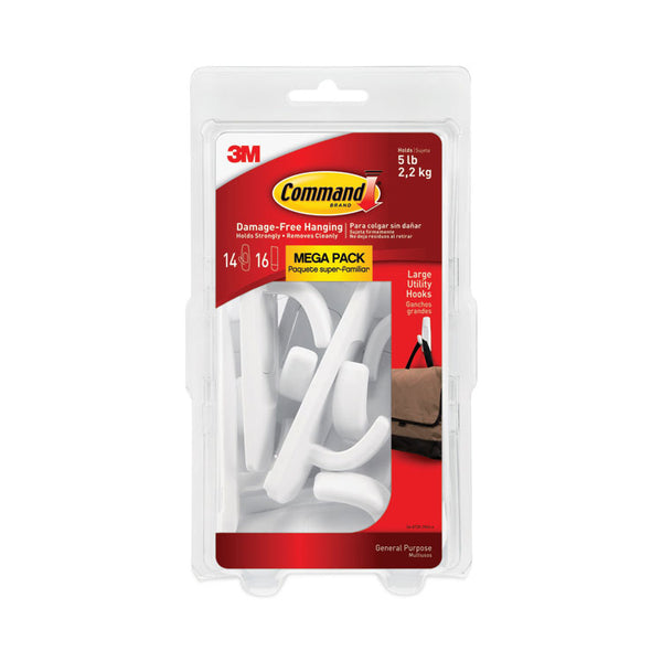 Command™ General Purpose Hooks, Large, Plastic, White, 5 lb Capacity, 14 Hooks and 16 Strips/Pack (MMM17003MPES)