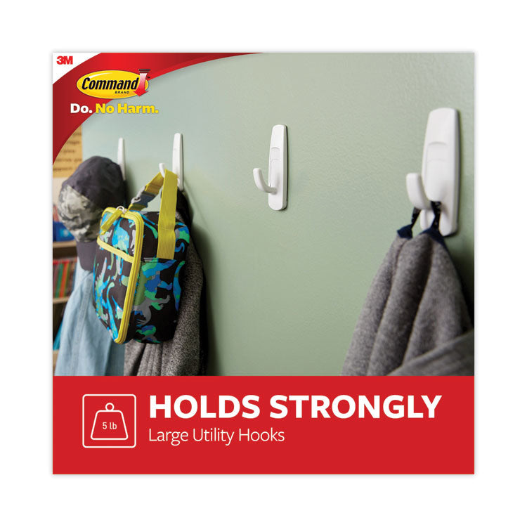 Command™ General Purpose Hooks, Large, Plastic, White, 5 lb Capacity, 14 Hooks and 16 Strips/Pack (MMM17003MPES) Each